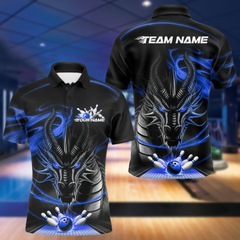 Maxcorners Custom Black And Blue Flame Dragon Bowling Team Men Polo Shirts, Bowling League Shirt LM193