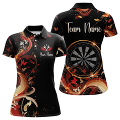 Maxcorners Women's Custom Darts Shirt With Fiery Butterfly Drift Flowers & Golden Dartboards LM1805