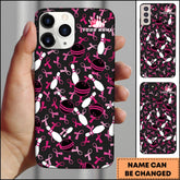 Maxcorners Bowling Pink Ribbon Pattern Black Background Personalized Name Phone Case