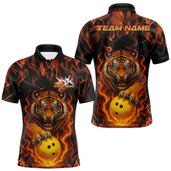Maxcorners Custom Fire Flame Tiger Bowling Team Polo Shirts For Men, Tournament Bowling Outfit LM054