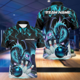 Maxcorners Custom Blue Flame Dragon Bowling Polo Shirts For Men, Dragon Bowling Team Jerseys LM233