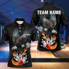Maxcorners Black Mens Bowling Polo, 1/4 Zip Shirt Custom Flame Eagle Lightning bowling outfit gifts for bowlers LM133