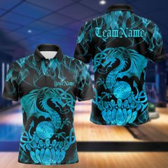 Maxcorners Custom Blue Fire Flame Viking Dragon Bowling Polo Team Shirts For Men, Celtic Bowling Shirt LM113