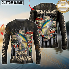 Maxcorners Tuna Fishing American Flag Camo Cross Gear Sun Protection Personalized Name, Team Name Long Sleeve Shirt
