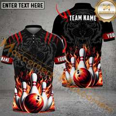 Maxcorners Tiger Ball Fire Bowling Jersey Multicolor Option Customized Name, Team Name 3D Polo Shirt