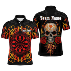 Maxcorners Men's Custom Darts Shirt With Roses Skull Polynesian Pattern And Red Dartboard LM1605