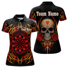 Maxcorners Men's Custom Darts Shirt With Roses Skull Polynesian Pattern And Red Dartboard LM1605