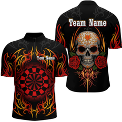 Maxcorners Men's Custom Darts Shirt With Roses Skull Polynesian Pattern And Red Dartboard LM1605
