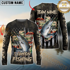 Maxcorners Salmon Fishing American Flag Camo Cross Gear Sun Protection Personalized Name, Team Name Long Sleeve Shirt