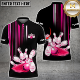 Maxcorners Bowling Ball And Pins Black And Pink Light Customized Name, Team Name 3D Polo Shirt Unisex