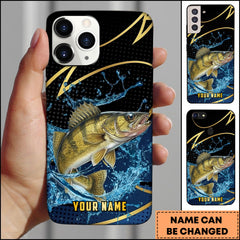 Maxcorners Walleye Fishing Phone Case Dynamic Water Splash Black Gold Line Personalized Name Phone Case