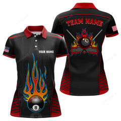 Maxcorners Personalized Red Black Fire 8 Ball Pool Polo Shirts For Women