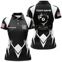 Maxcorners Personalized US Flag 8 Ball Pool Black White Billiard Polo Shirts For Women