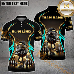 Maxcorner Bowling Ball & Pins Premium Golden Multicolor Option Customized Name 3D Shirt (6 Colors)