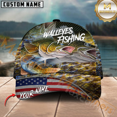 Maxcorners Walleye Fishing Skinfish Flag Of United States Pattern Multicolor Personalized Name 3D Cap
