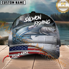 Maxcorners Salmon Fishing Skinfish Flag Of United States Pattern Multicolor Personalized Name 3D Cap