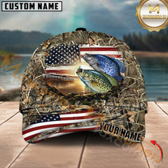 Maxcorners Crappie Fishing Sunset Flag Of United States Camo Pattern Multicolor Personalized Name 3D Cap