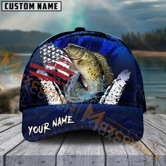 Maxcorners Crappie Fishing Dark Blue Scratch American Flag Pattern Sport Pattern Personalized Name 3D Cap MT173