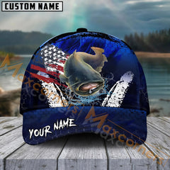 Maxcorners Catfish Fishing Dark Blue Scratch American Flag Pattern Sport Pattern Personalized Name 3D Cap MT173