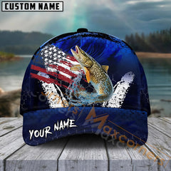 Maxcorners Pike Fishing Dark Blue Scratch American Flag Pattern Sport Pattern Personalized Name 3D Cap MT173