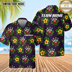Maxcorners Bowling And Pins Tropical Style Pattern Option Customized Name Hawaiian Shirt (4 Colors)