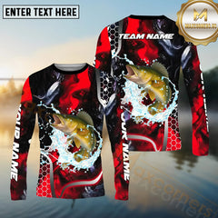 Maxcorners Walleye Fishing Red 3D Splash Art Pattern Sport Jersey Personalized Name, Team Name Long Sleeve Shirt