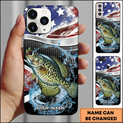 Maxcorners Crappie Fishing American Flag Metallic Wave Water Splash Art Personalized Name Phone Case
