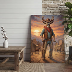 Maxcorners Cowboy Deer Standing in Sunset Western Town Wrapped Canvas