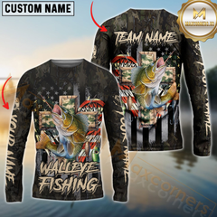 Maxcorners Walleye Fishing American Flag Camo Cross Gear Sun Protection Personalized Name, Team Name Long Sleeve Shirt