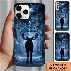 Maxcorners Artist Hunting Moose Silhouette Blue Winter Snowy Forest Personalized Name Phone Case