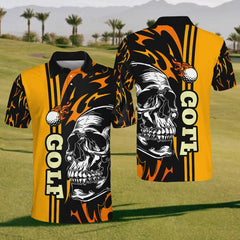Maxcorners Skull On Fire Mens Golf Polo Shirt, Mens Golf Gift, Golf Lover Gift