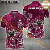 Maxcorners Maroon Floral Bowling Jersey Multicolor Option Customized Name, Team Name 3D Polo Shirt