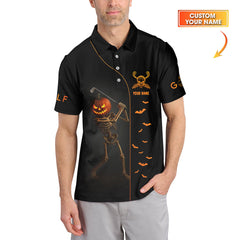 Maxcorners Custom Name Golf Polos, Halloween Skeleton Golf Shirt, Crazy Golf Shirts For Men's