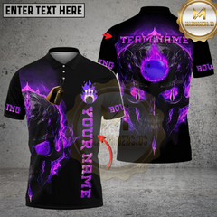 Maxcorners Bowling And Pins Flame Skull Light Pattern Customized Name, Team Name 3D Shirt (4 Colors)
