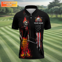 Maxcorners Custom Flaming Skeleton Men's Golf Polo Shirt, Mens Golf Gift, Funny Golf Shirt