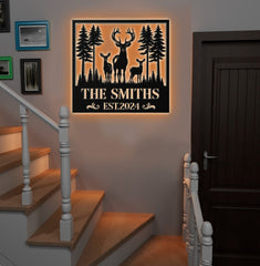 Maxcorners Personalized Deer Family Metal Sign WITH LED/WITHOUT LED, Rustic Cabin Wall Decor, Wildlife Hunting Lodge Name Sign LM0110