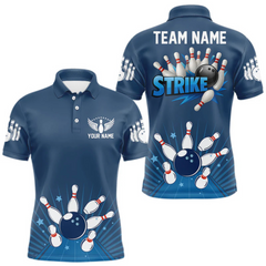 Maxcorners Strike Bowling Polo, Quarter-Zip Shirts For Men Custom Bowling Team Jerseys Bowlers Outfit | Blue LM2504