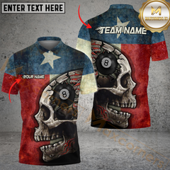 Maxcorners Billiard Texas Flag Skull 8 Ball Grunge Style Customized Name, Team Name 3D Unisex Shirt
