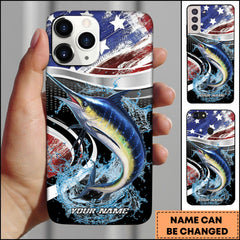 Maxcorners Marlin Fishing American Flag Metallic Wave Water Splash Art Personalized Name Phone Case