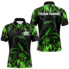 Maxcorners Custom Black And Green Flame Cobra Snake Bowling Men Polo Shirts, Bowling League Shirt LM184