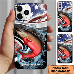 Maxcorners Salmon Fishing American Flag Metallic Wave Water Splash Art Personalized Name Phone Case