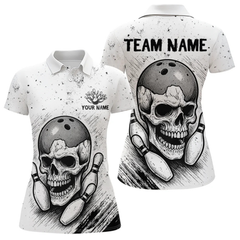 Maxcorners Black and White Grunge Skull Bowling Polo, 1/4 Zip Shirts For Men Custom Skull team bowling jerseys LM154