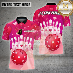 Maxcorners Bowling Shirt Pink Heart Valentine Theme Design Multi Options Personalized Name, Team Name 3D Shirt