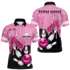 Maxcorners Black And Pink Ribbon Glitter Bowling Shirts For Men Custom Breast Cancer Team Bowling Jerseys LM105