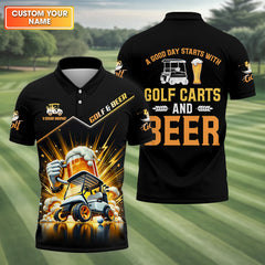 Maxcorners A Good Day Starts With Golf Carts And Beer Custom Funny Golf Polo Shirt, Dad Golf Gifts