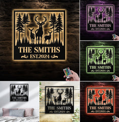 Maxcorners Personalized Deer Family Metal Sign WITH LED/WITHOUT LED, Rustic Cabin Wall Decor, Wildlife Hunting Lodge Name Sign LM0110