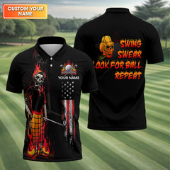 Maxcorners Custom Flaming Skeleton Men's Golf Polo Shirt, Mens Golf Gift, Funny Golf Shirt