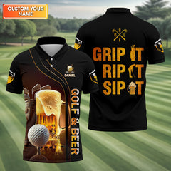 Maxcorners Grip It Rip It Sip It Custom Funny Golf Polo Shirt, Dad Golf Gifts