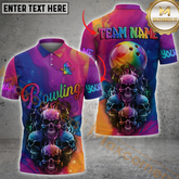 Maxcorners Colorful Rainbow Flame Skull Bowling Polo, Quarter Zip Shirts For Men Custom Bowling Team Jerseys