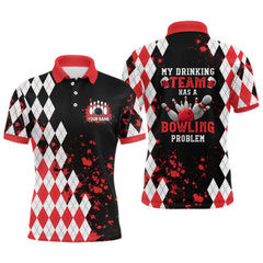Maxcorners Red argyle pattern Retro Bowling Shirts For Men Custom My drinking team has a bowling problem LM054